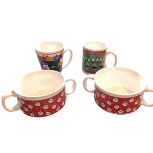 CHRISTMAS Mugs & Bowls Santa & Reindeer motif Porcelain w Handle Good Condition